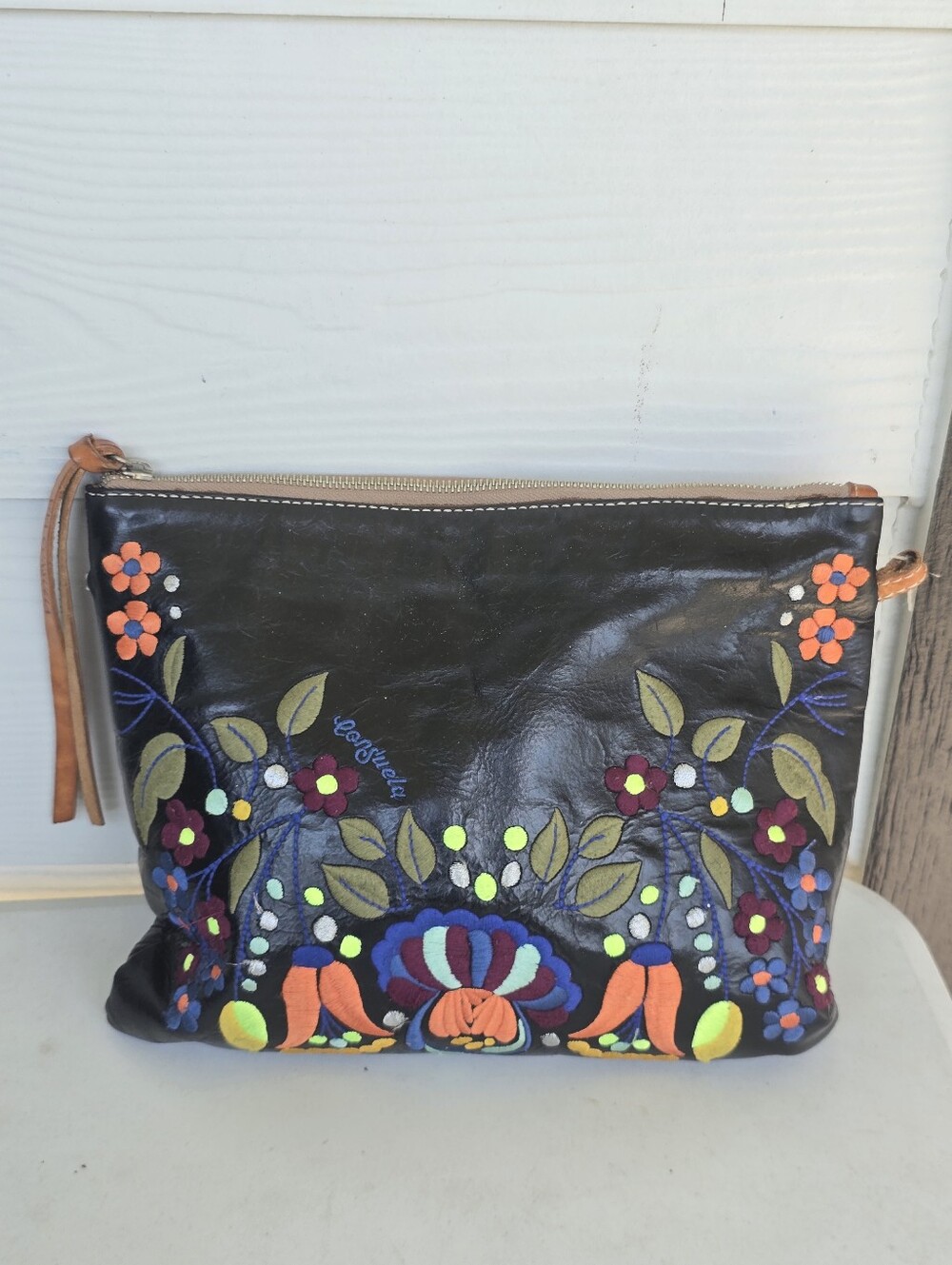 Consuela Black Leather Embroidered Floral Zip Clutch Wristlet Cosmetic Bag 9x11
